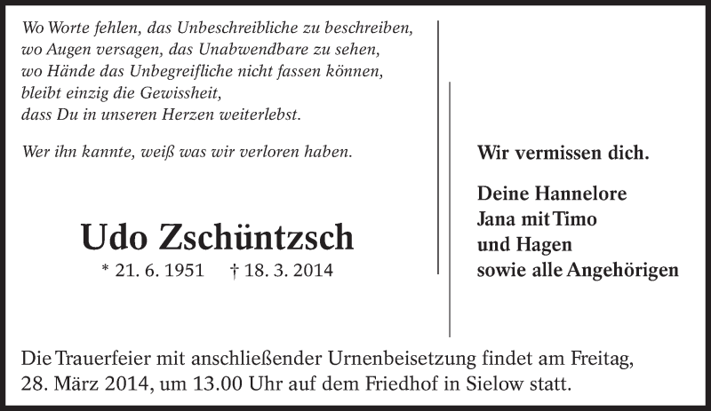  Traueranzeige für Udo Zschüntzsch vom 22.03.2014 aus lausitzer_rundschau