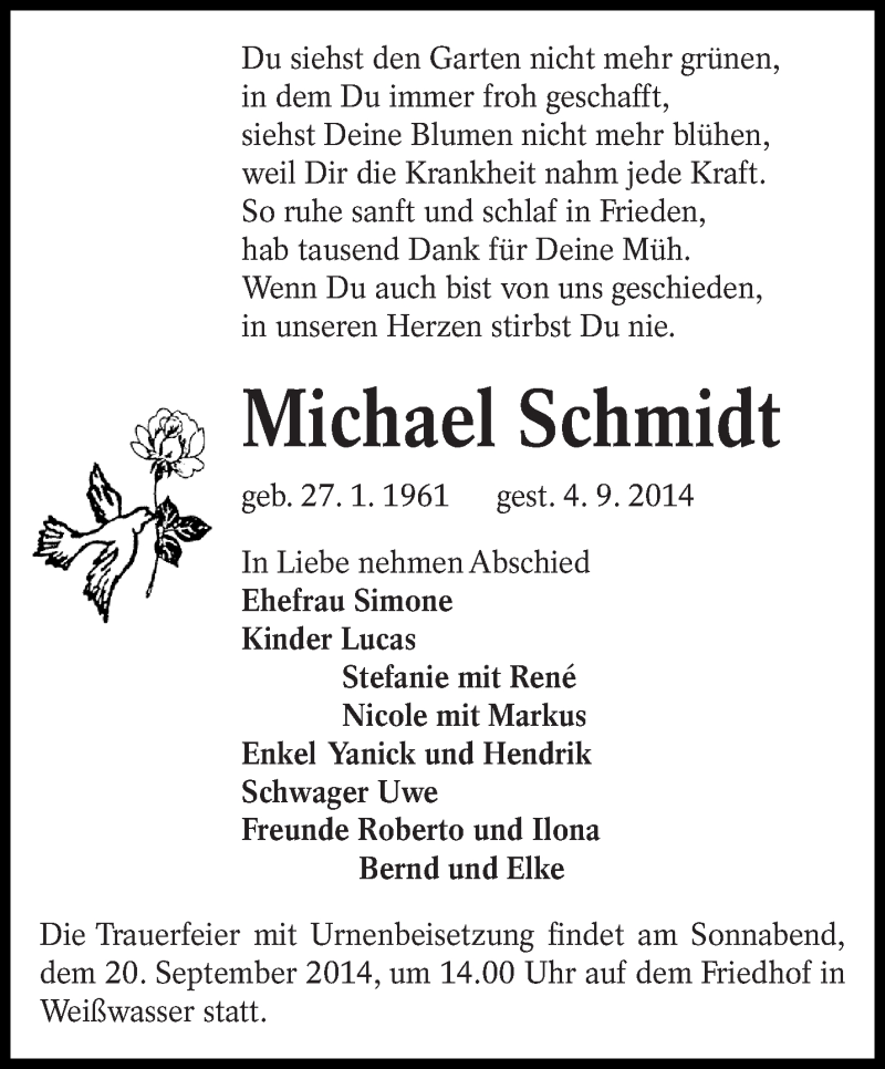  Traueranzeige für Michael Schmidt vom 13.09.2014 aus lausitzer_rundschau