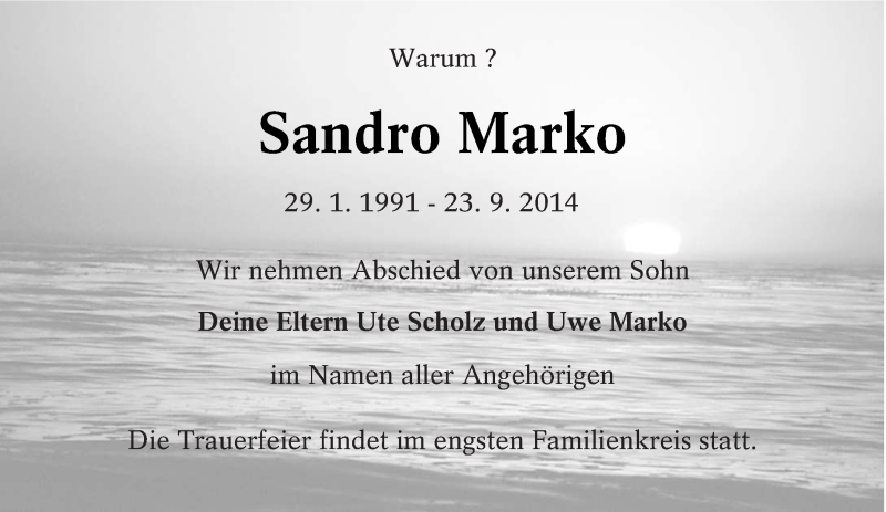  Traueranzeige für Sandro Marko vom 28.09.2014 aus lausitzer_rundschau