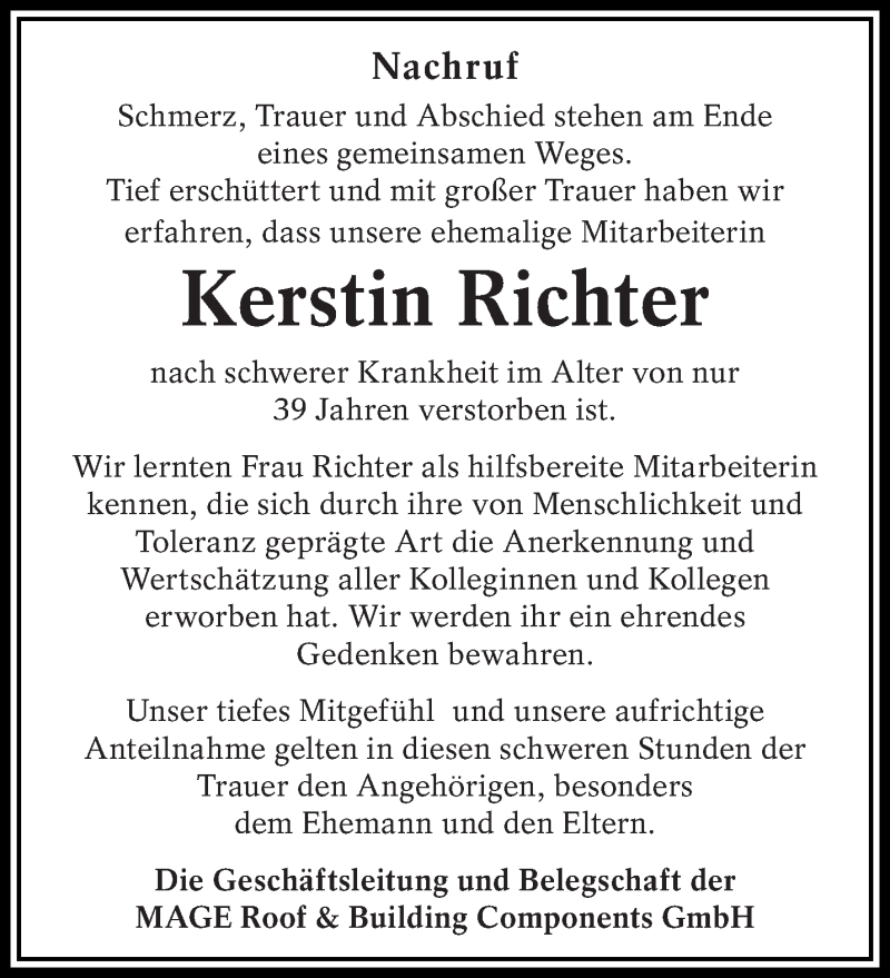  Traueranzeige für Kerstin Richter vom 08.10.2014 aus lausitzer_rundschau