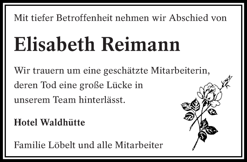 Traueranzeigen Von Elisabeth Reimann Lr Online Trauer De