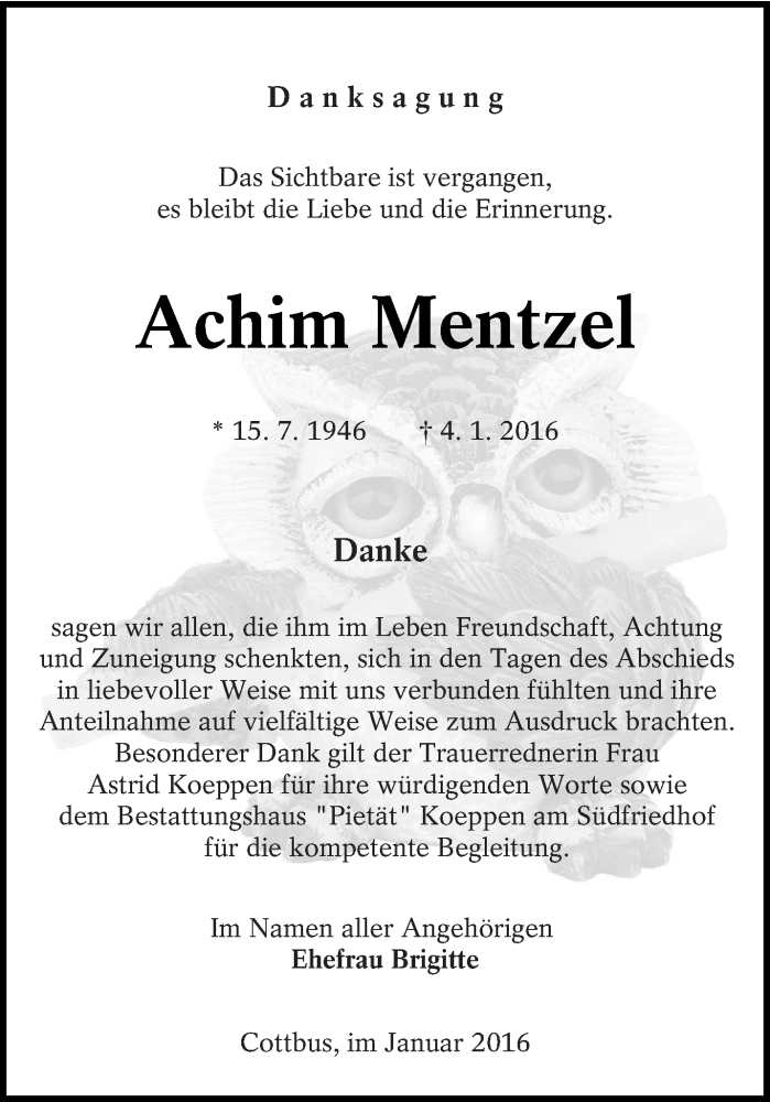  Traueranzeige für Achim Mentzel vom 23.01.2016 aus lausitzer_rundschau