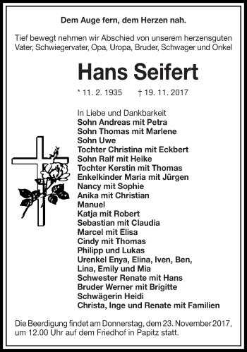 Traueranzeigen Von Hans Seifert Lr Online Trauer De