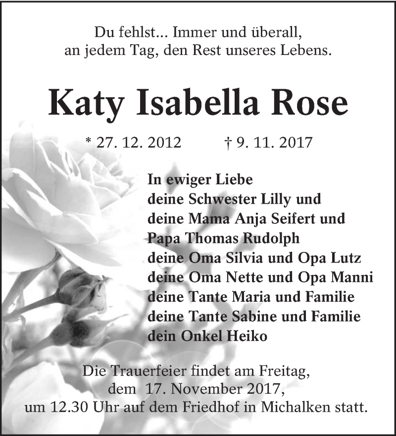  Traueranzeige für Katy Isabella Rose vom 15.11.2017 aus lausitzer_rundschau