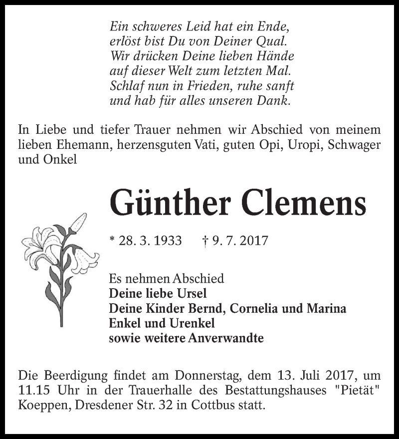  Traueranzeige für Günther Clemens vom 11.07.2017 aus lausitzer_rundschau