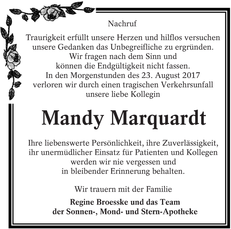  Traueranzeige für Mandy Marquardt vom 02.09.2017 aus lausitzer_rundschau