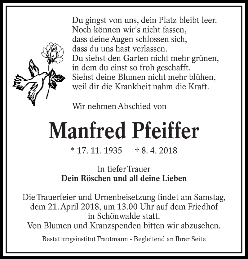 Traueranzeigen Von Manfred Pfeiffer Lr Online Trauer De