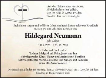 Traueranzeigen Von Hildegard Neumann Lr Online Trauer De