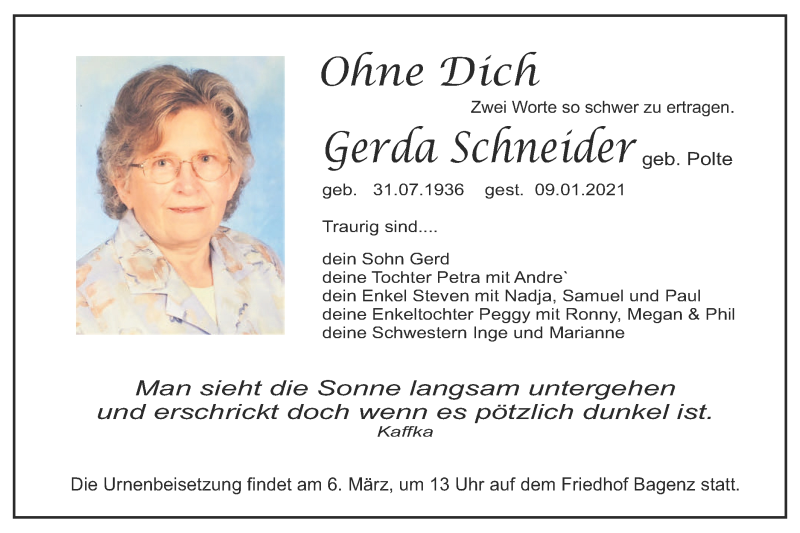 Traueranzeigen Von Gerda Schneider Lr Online Trauer De