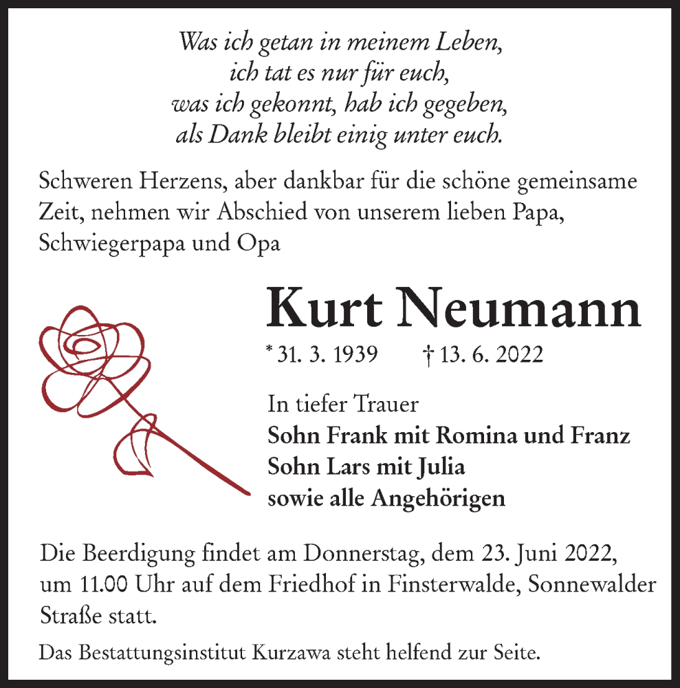 Traueranzeigen Von Kurt Neumann Lr Online Trauer De