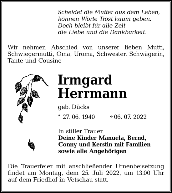 Traueranzeigen Von Irmgard Herrmann Lr Online Trauer De