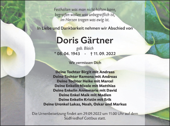 Traueranzeigen von Doris Gärtner lr online trauer de