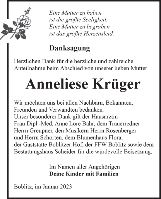 Traueranzeigen Von Anneliese Kr Ger Lr Online Trauer De