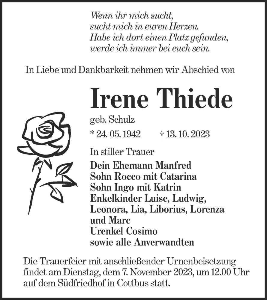 Traueranzeigen Von Irene Thiede Lr Online Trauer De