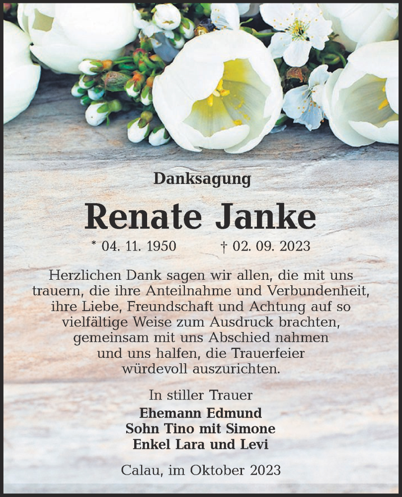 Traueranzeigen Von Renate Janke Lr Online Trauer De