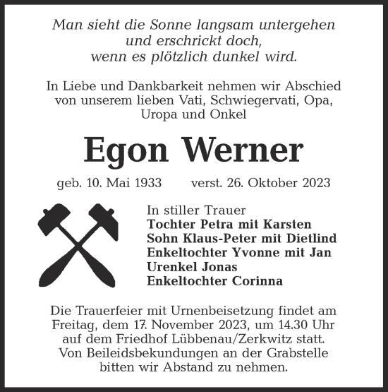 Traueranzeigen Von Egon Werner Lr Online Trauer De