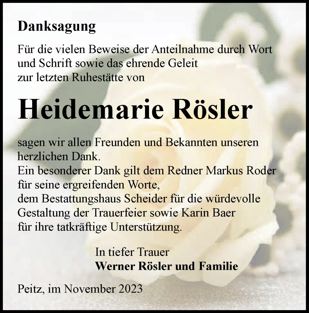 Traueranzeigen von Heidemarie Rösler lr online trauer de