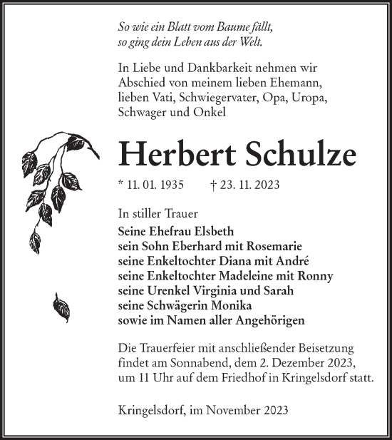 Traueranzeigen Von Herbert Schulze Lr Online Trauer De