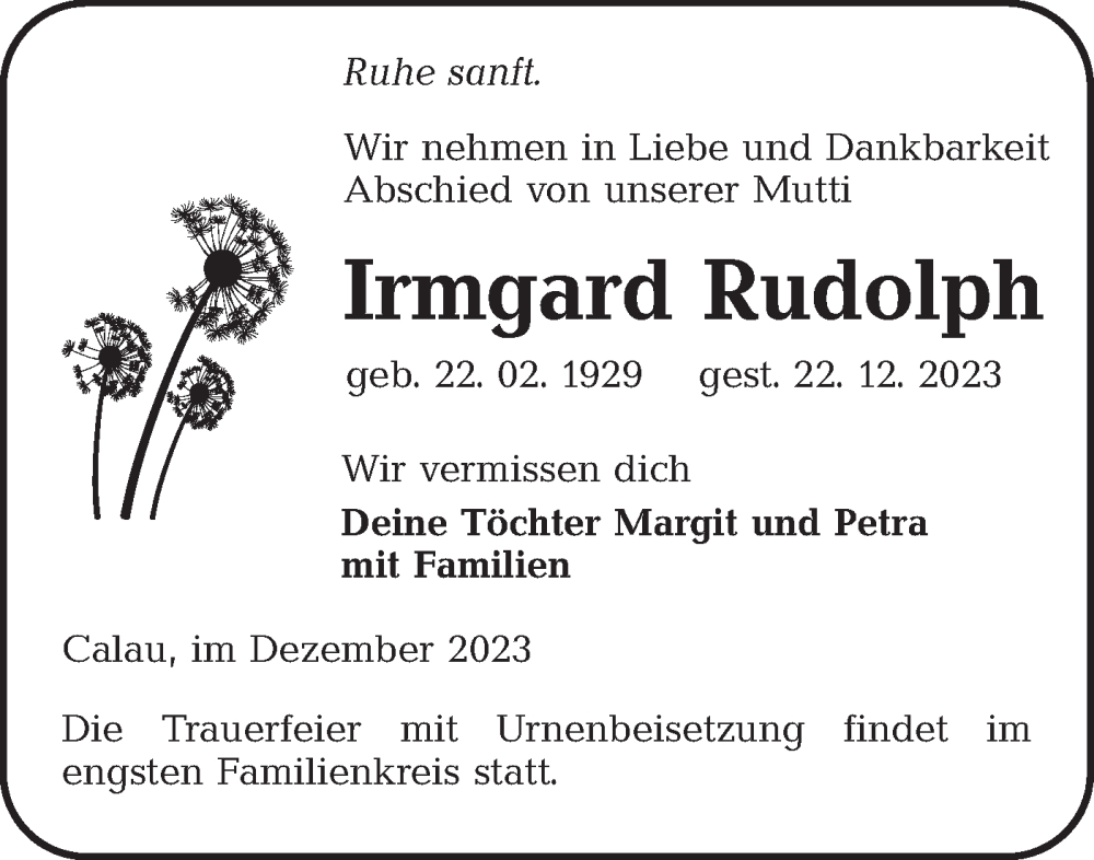 Traueranzeigen Von Irmgard Rudolph Lr Online Trauer De