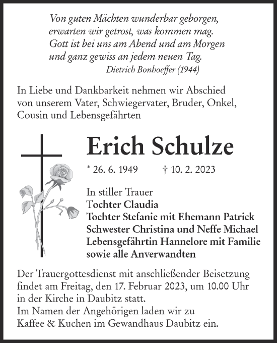 Traueranzeigen Von Erich Schulze Lr Online Trauer De