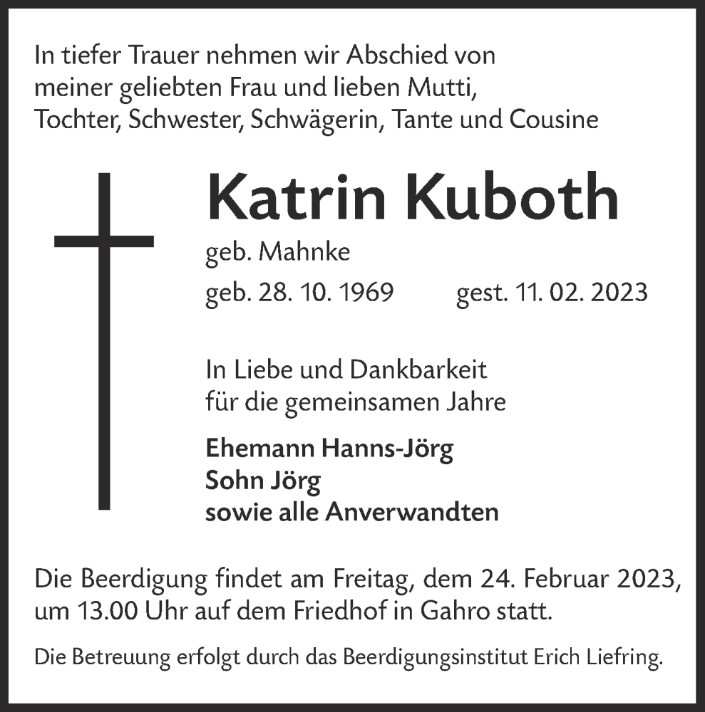 Traueranzeigen Von Katrin Kuboth Lr Online Trauer De