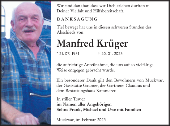 Traueranzeigen von Manfred Krüger lr online trauer de