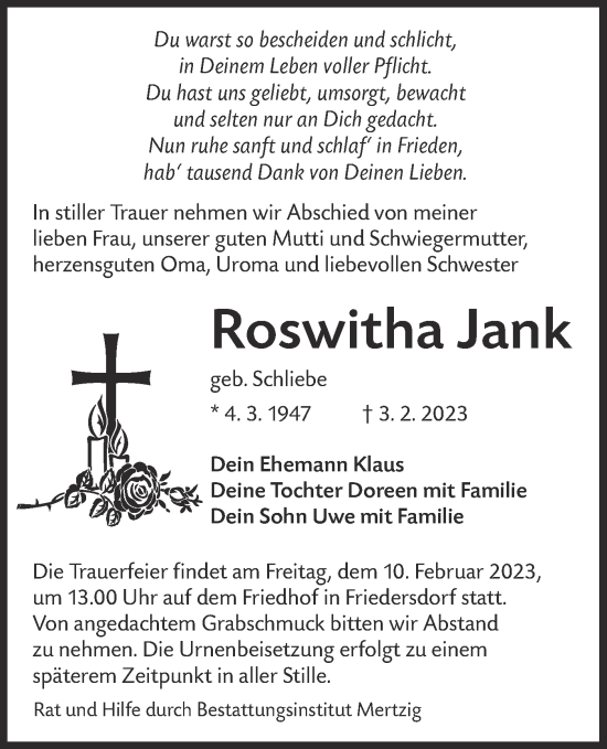 Traueranzeigen Von Roswitha Jank Lr Online Trauer De