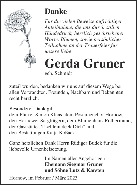 Traueranzeige von Gerda Gruner von Lausitzer Rundschau