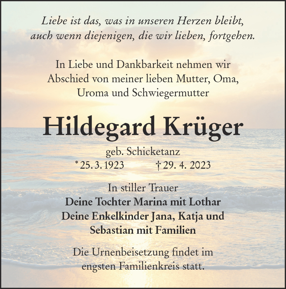 Traueranzeigen von Hildegard Krüger lr online trauer de