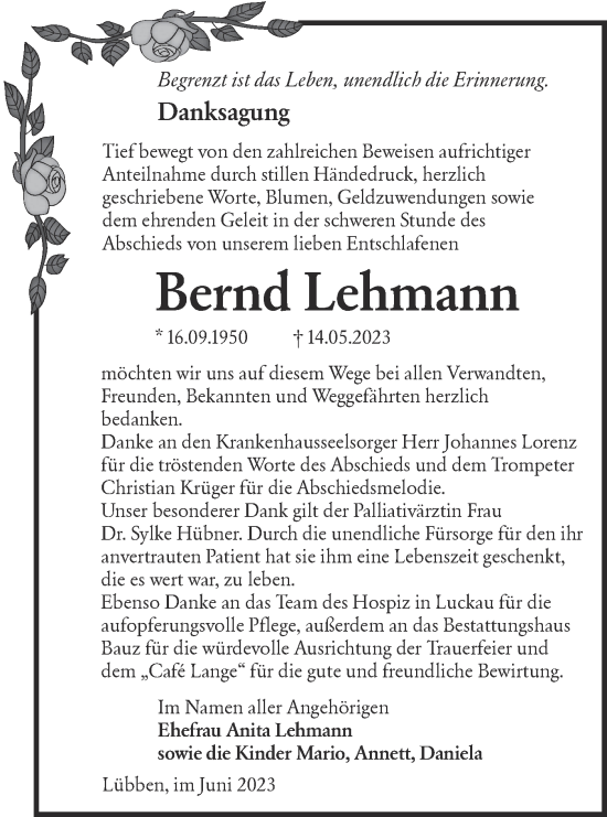 Traueranzeigen Von Bernd Lehmann Lr Online Trauer De