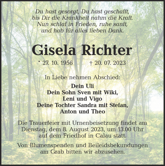 Traueranzeigen Von Gisela Richter Lr Online Trauer De