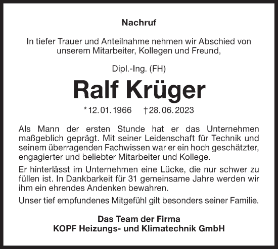 Traueranzeigen von Ralf Krüger lr online trauer de