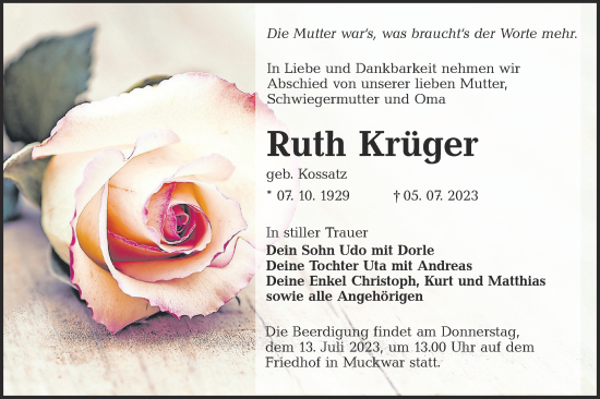 Traueranzeigen Von Ruth Kr Ger Lr Online Trauer De