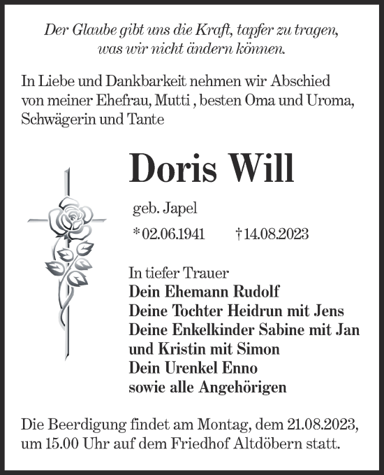 Traueranzeigen Von Doris Will Lr Online Trauer De