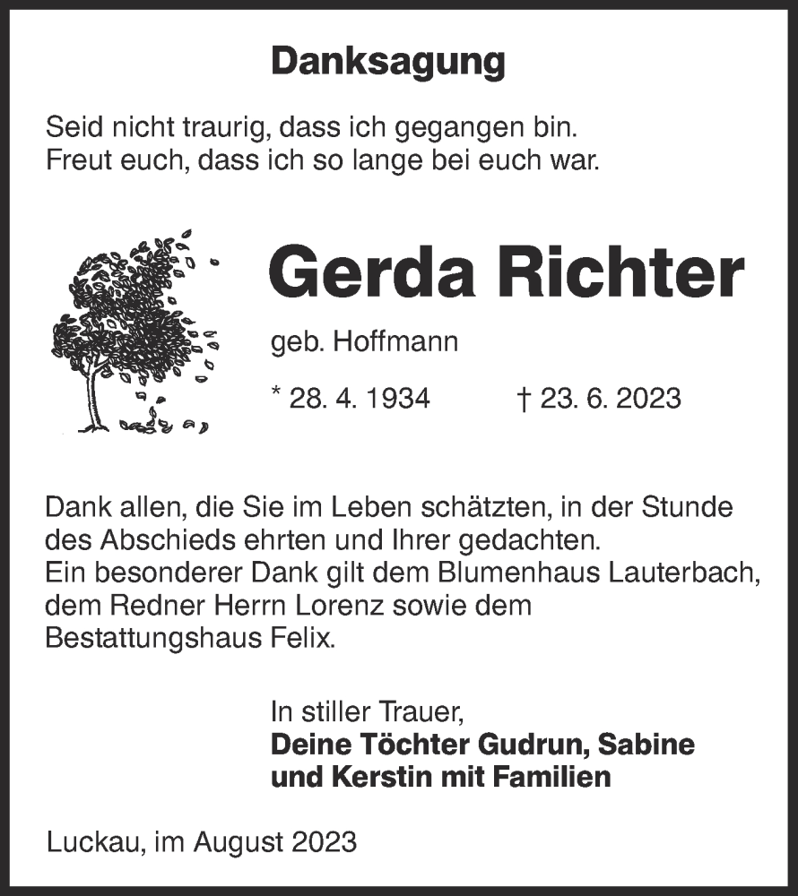 Traueranzeigen Von Gerda Richter Lr Online Trauer De