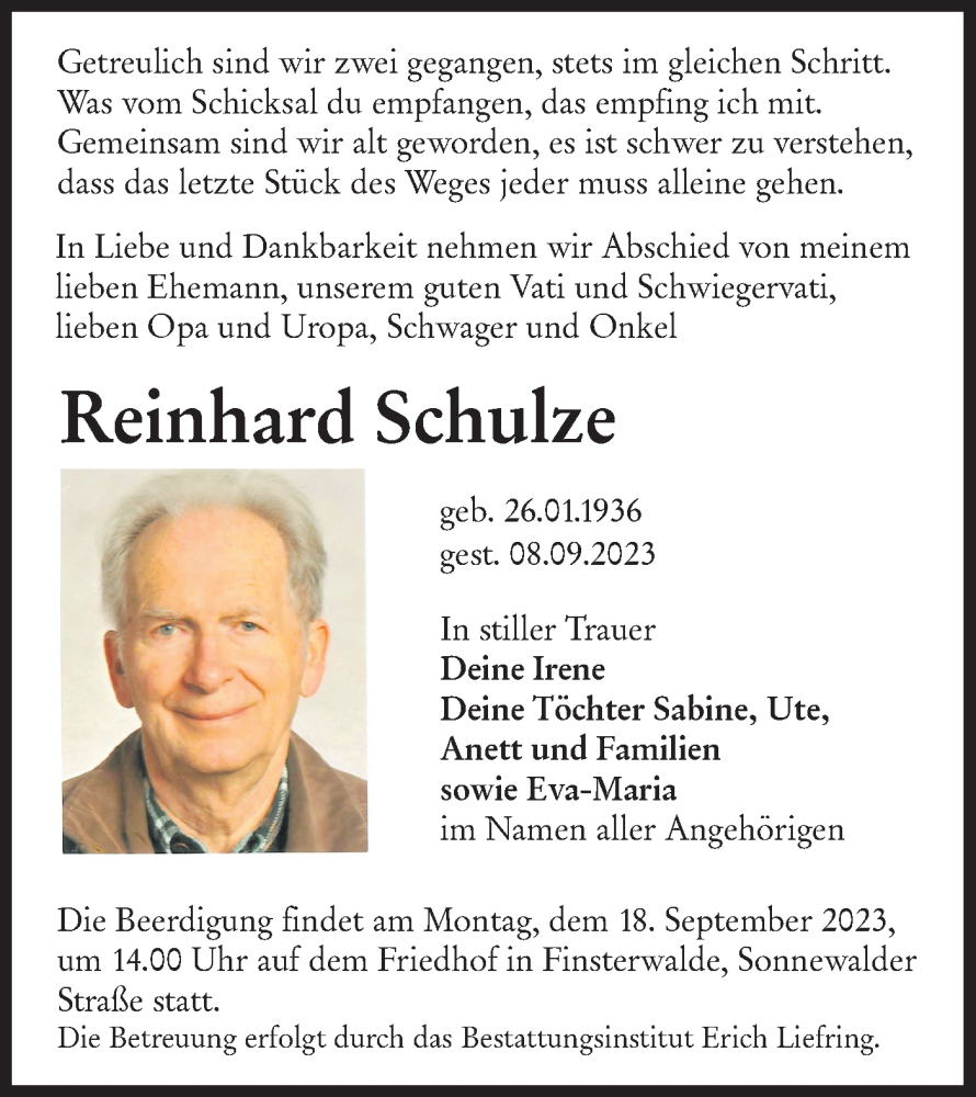 Traueranzeigen Von Reinhard Schulze Lr Online Trauer De