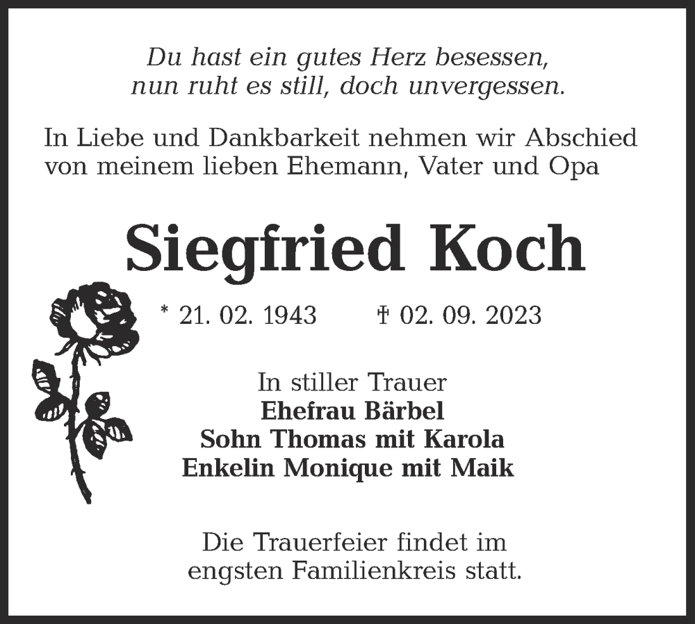 Traueranzeigen Von Siegfried Koch Lr Online Trauer De