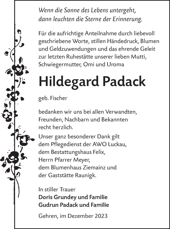 Traueranzeige von Hildegard Padack von Lausitzer Rundschau