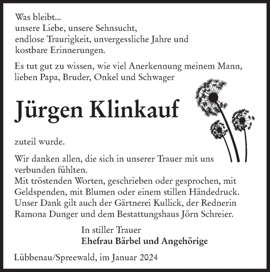 Traueranzeige von Jürgen Klinkauf von Lausitzer Rundschau