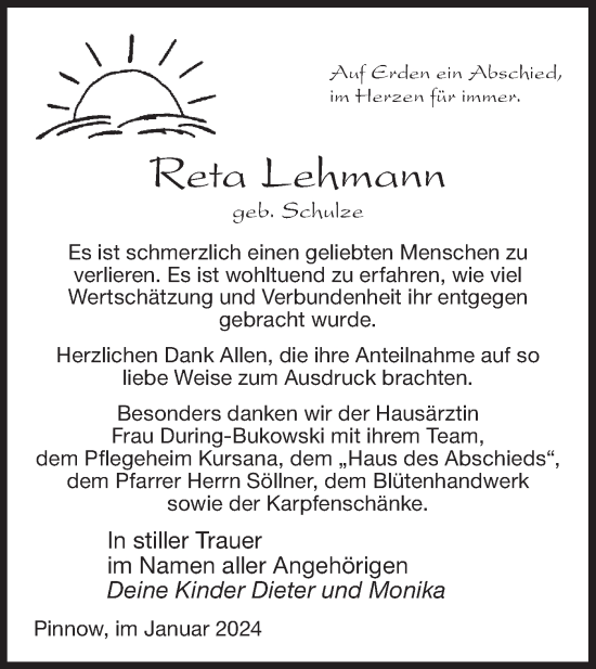 Traueranzeige von Reta Lehmann von Lausitzer Rundschau