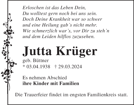Traueranzeige von Jutta Krüger von Lausitzer Rundschau