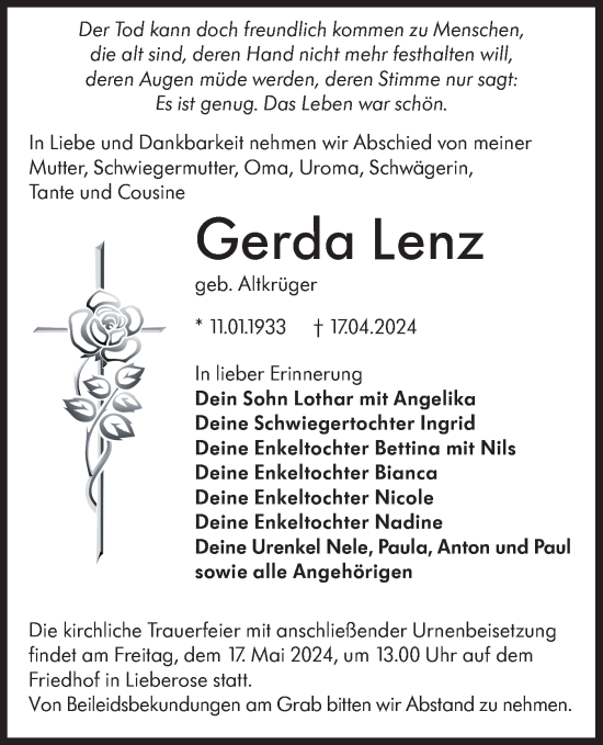 Traueranzeige von Gerda Lenz von Lausitzer Rundschau