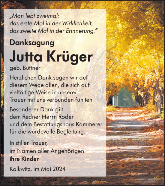 Traueranzeige von Jutta Krüger von Lausitzer Rundschau