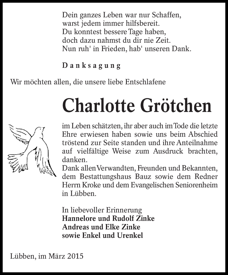  Traueranzeige für Charlotte Grötchen vom 14.03.2015 aus lausitzer_rundschau