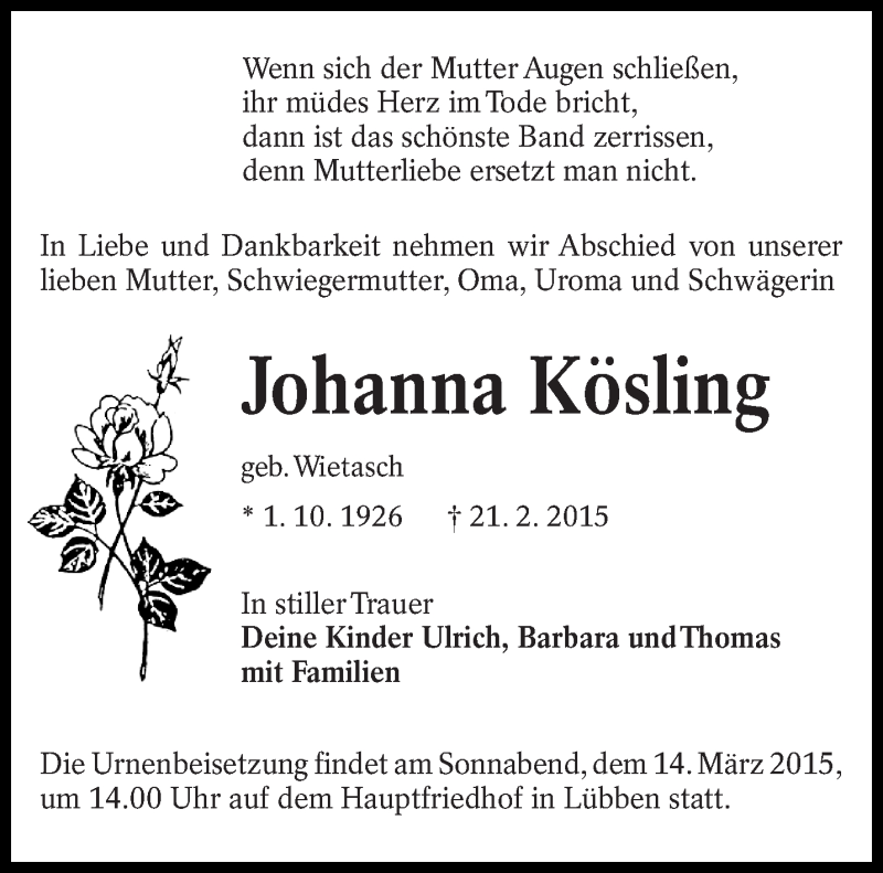  Traueranzeige für Johanna Kösling vom 28.02.2015 aus lausitzer_rundschau