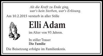 Traueranzeige von Elli Adam von lausitzer_rundschau