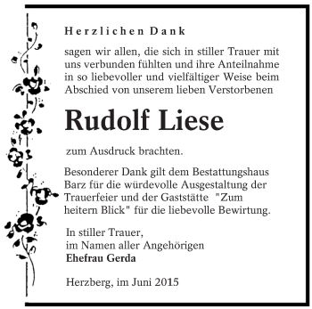 Traueranzeige von Rudolf Liese von lausitzer_rundschau