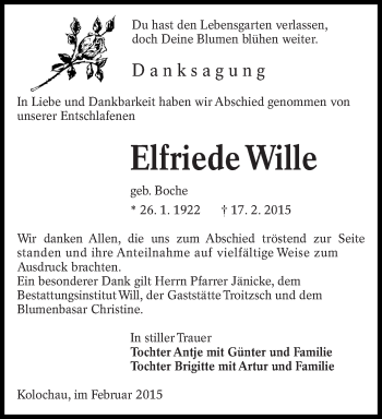 Traueranzeige von Elfriede Wille von lausitzer_rundschau