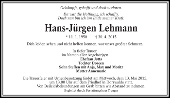Traueranzeige von Hans-Jürgen Lehmann von lausitzer_rundschau