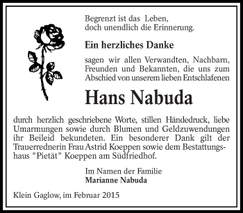 Traueranzeige von Hans Nabuda von lausitzer_rundschau